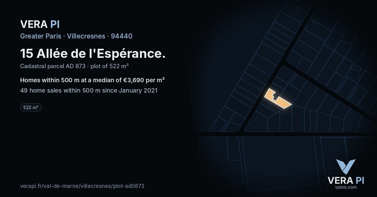 15 Allée de l'Espérance, Villecresnes at night – the plot lit, the parcels around coloured by the prices near them