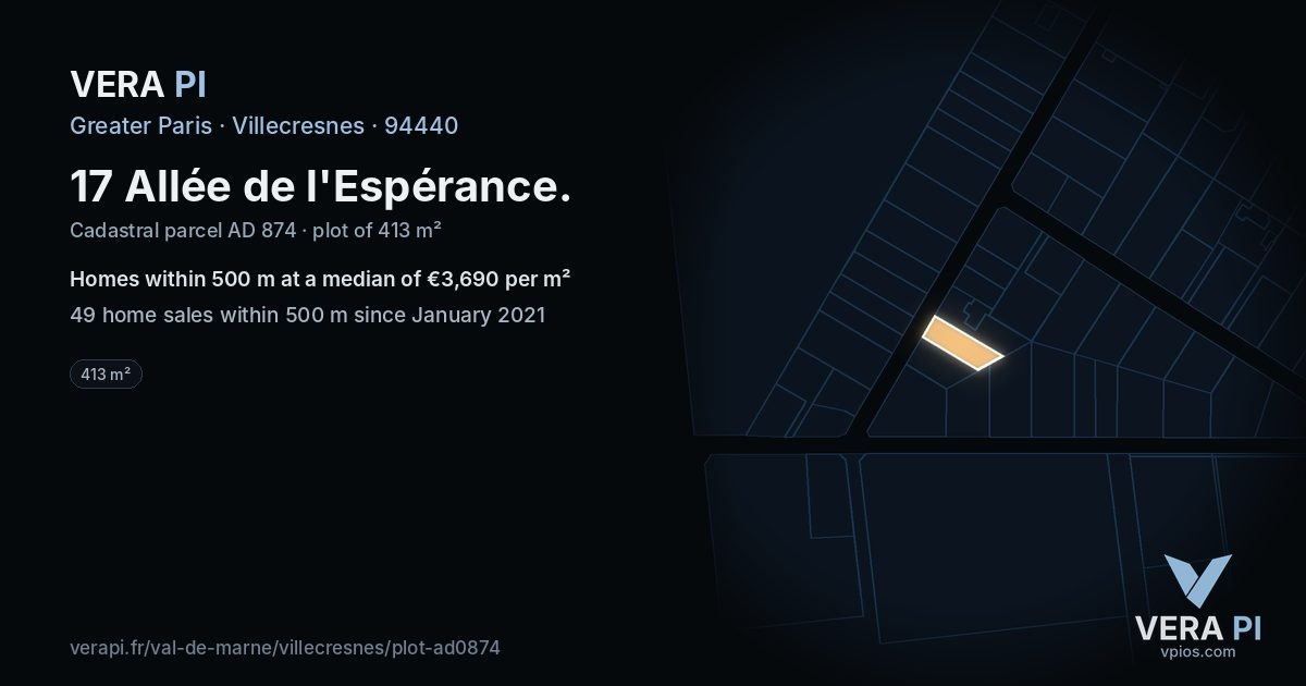 17 Allée de l'Espérance, Villecresnes at night – the plot lit, the parcels around coloured by the prices near them