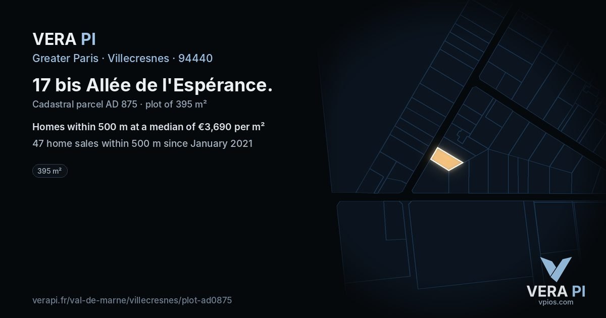 17 bis Allée de l'Espérance, Villecresnes at night – the plot lit, the parcels around coloured by the prices near them