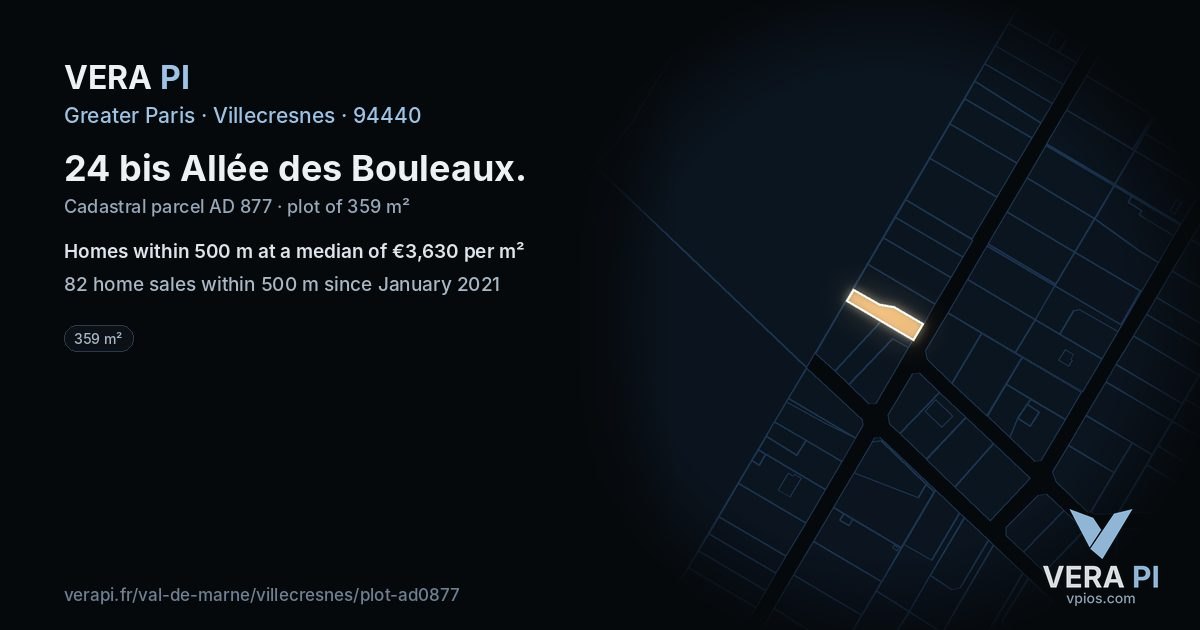 24 bis Allée des Bouleaux, Villecresnes at night – the plot lit, the parcels around coloured by the prices near them