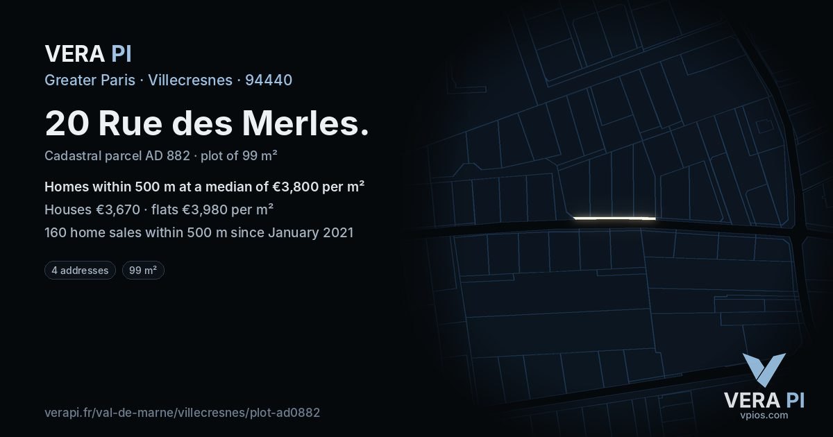 20 Rue des Merles, Villecresnes at night – the plot lit, the parcels around coloured by the prices near them