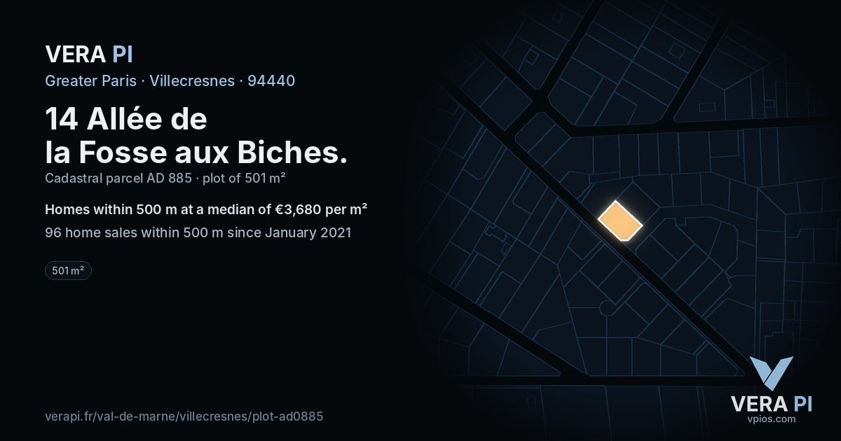 14 Allée de la Fosse aux Biches, Villecresnes at night – the plot lit, the parcels around coloured by the prices near them