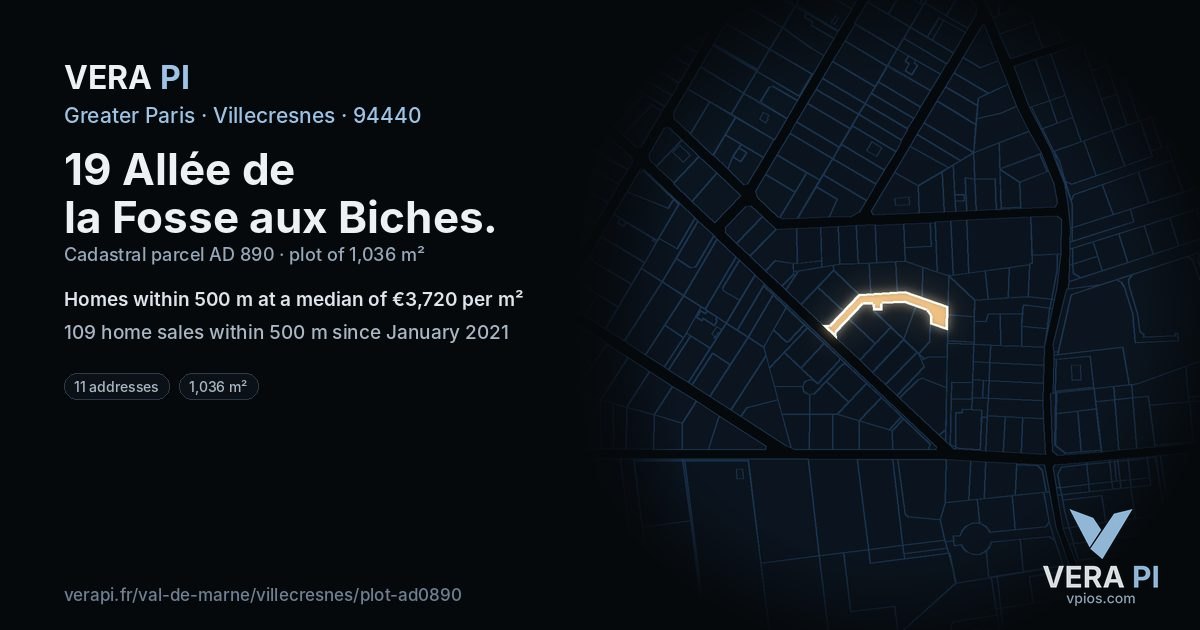 19 Allée de la Fosse aux Biches, Villecresnes at night – the plot lit, the parcels around coloured by the prices near them