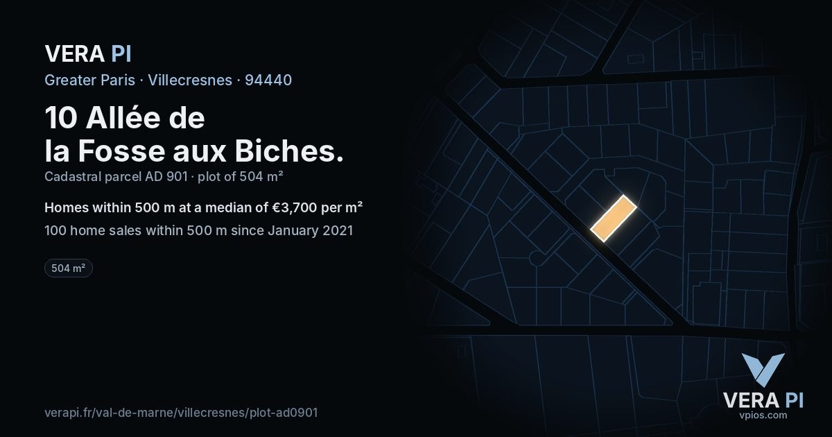 10 Allée de la Fosse aux Biches, Villecresnes at night – the plot lit, the parcels around coloured by the prices near them