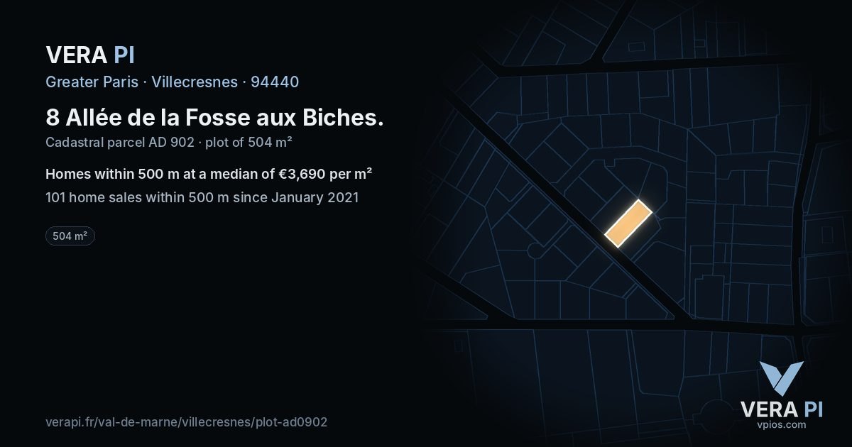 8 Allée de la Fosse aux Biches, Villecresnes at night – the plot lit, the parcels around coloured by the prices near them