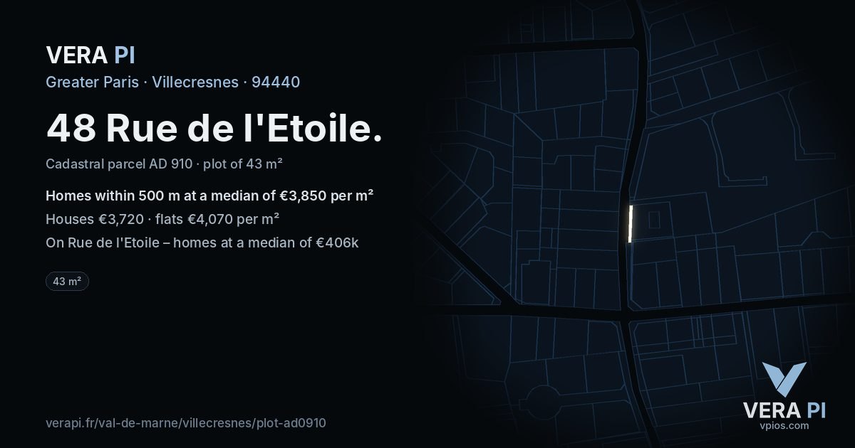 48 Rue de l'Etoile, Villecresnes at night – the plot lit, the parcels around coloured by the prices near them