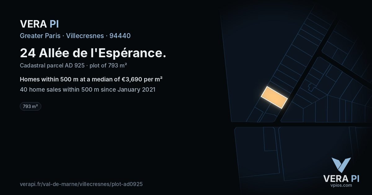 24 Allée de l'Espérance, Villecresnes at night – the plot lit, the parcels around coloured by the prices near them