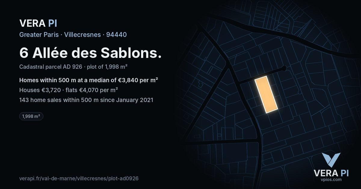 6 Allée des Sablons, Villecresnes at night – the plot lit, the parcels around coloured by the prices near them