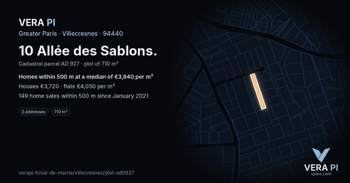 10 Allée des Sablons, Villecresnes at night – the plot lit, the parcels around coloured by the prices near them