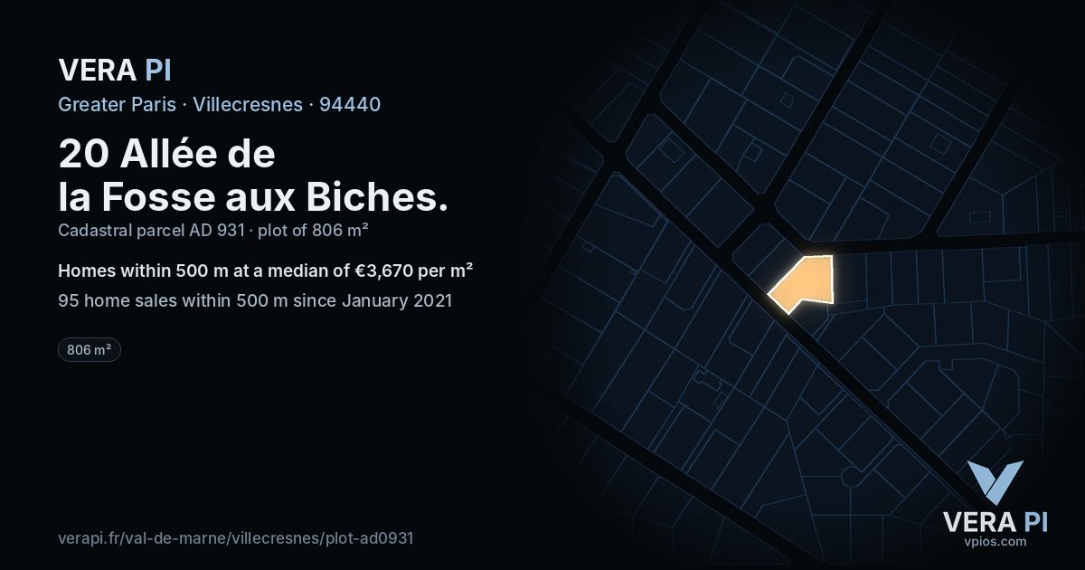20 Allée de la Fosse aux Biches, Villecresnes at night – the plot lit, the parcels around coloured by the prices near them