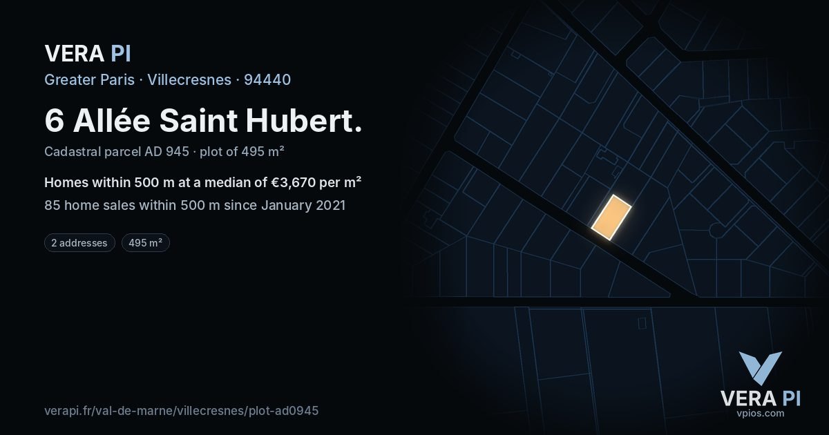 6 Allée Saint Hubert, Villecresnes at night – the plot lit, the parcels around coloured by the prices near them