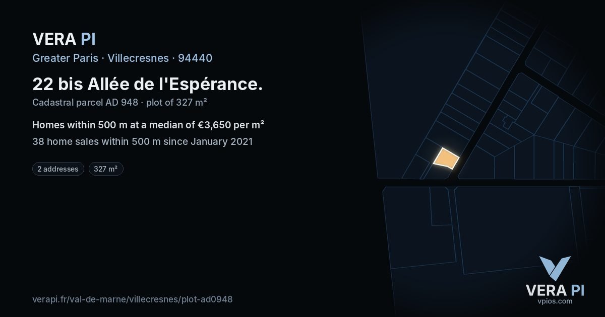 22 bis Allée de l'Espérance, Villecresnes at night – the plot lit, the parcels around coloured by the prices near them