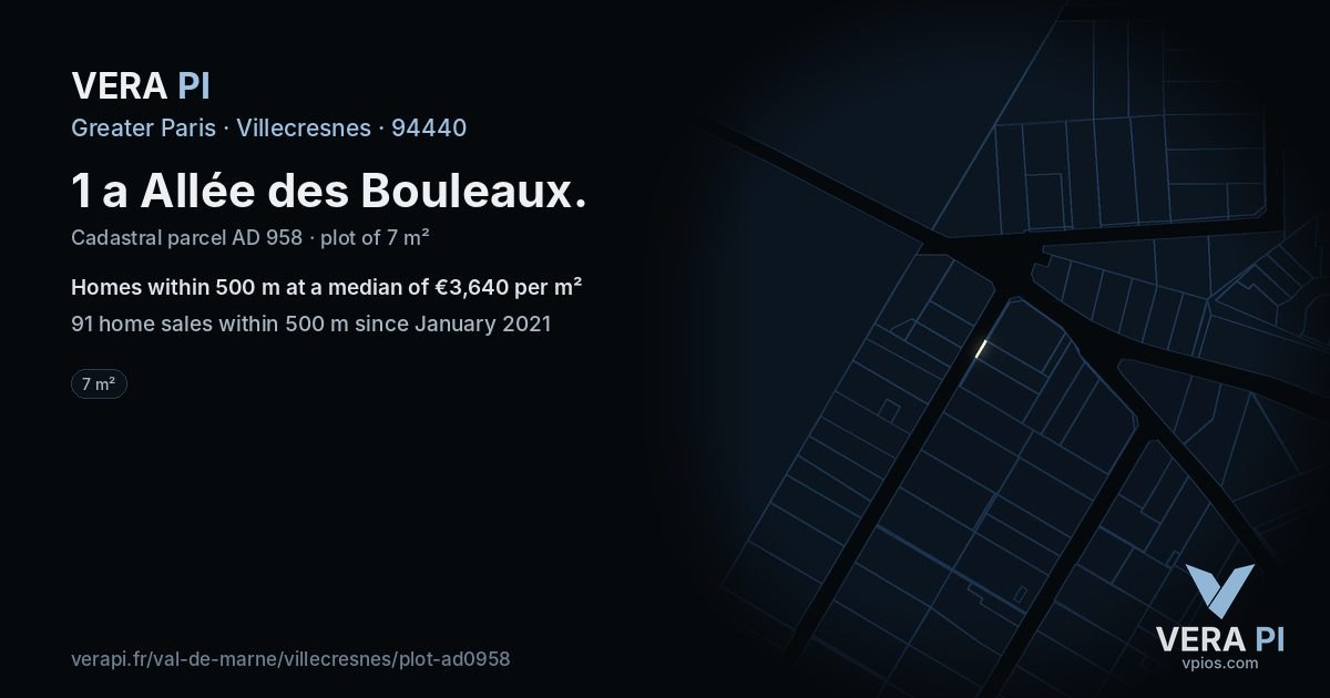 1 a Allée des Bouleaux, Villecresnes at night – the plot lit, the parcels around coloured by the prices near them