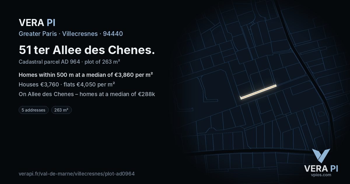 51 ter Allee des Chenes, Villecresnes at night – the plot lit, the parcels around coloured by the prices near them