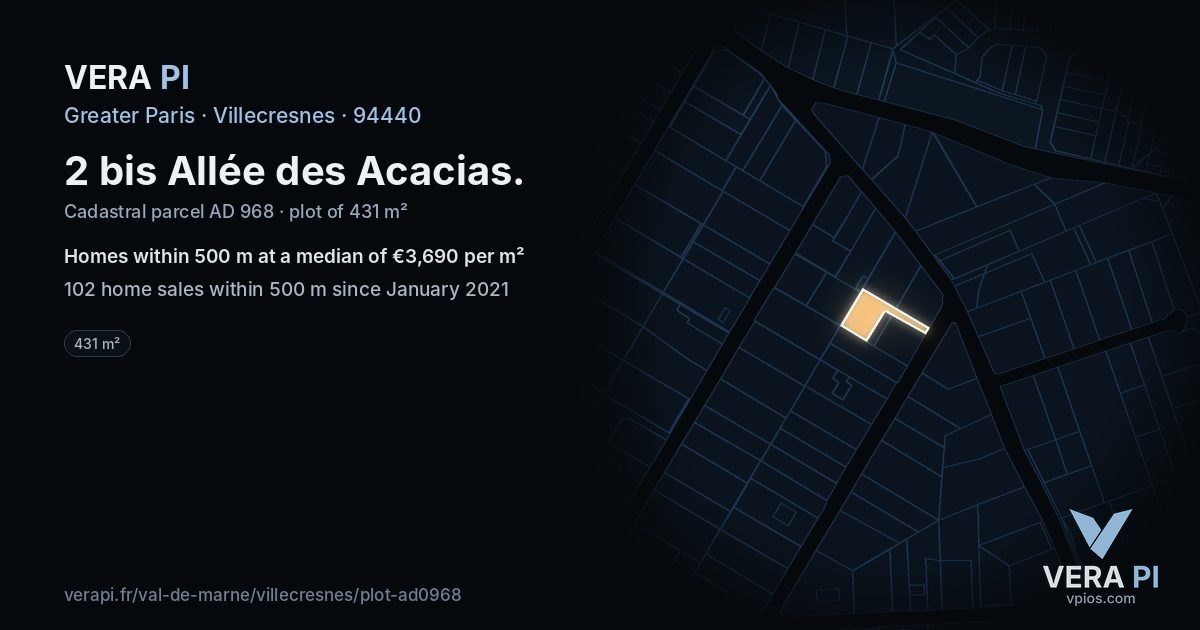 2 bis Allée des Acacias, Villecresnes at night – the plot lit, the parcels around coloured by the prices near them