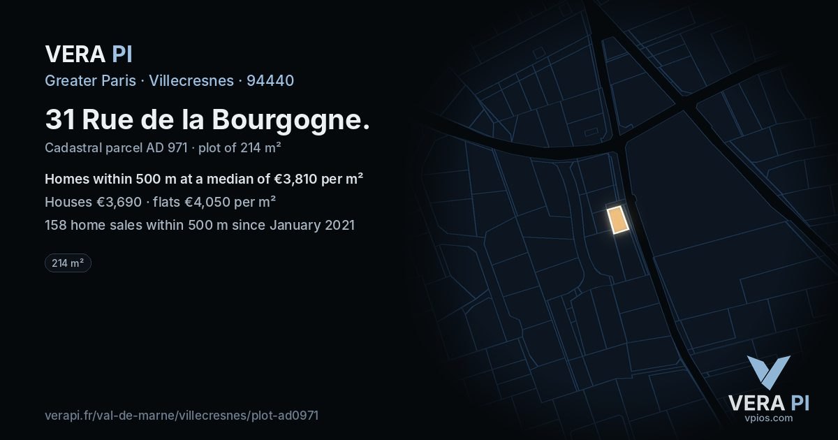 31 Rue de la Bourgogne, Villecresnes at night – the plot lit, the parcels around coloured by the prices near them