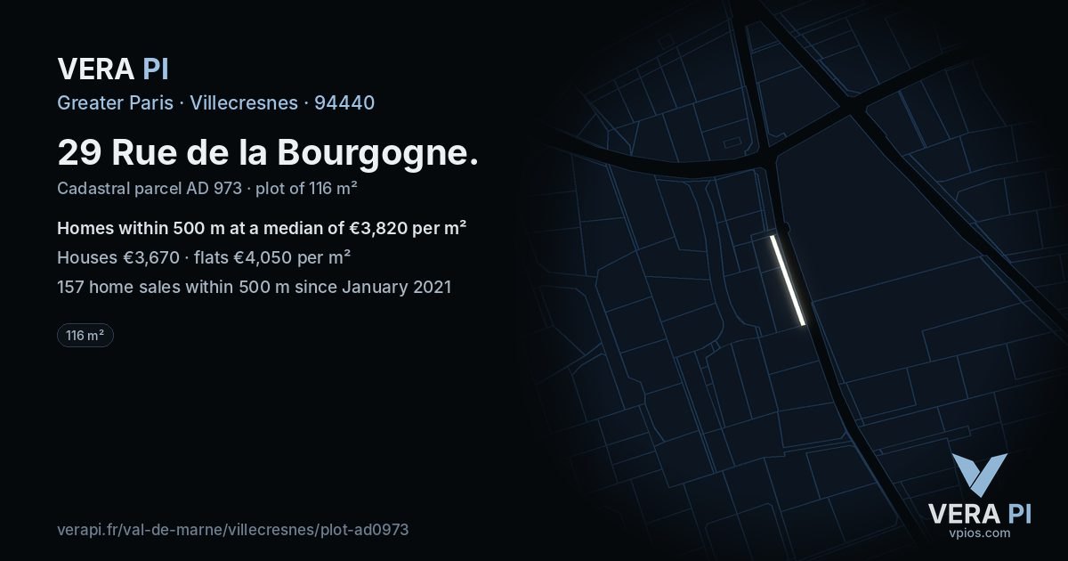 29 Rue de la Bourgogne, Villecresnes at night – the plot lit, the parcels around coloured by the prices near them