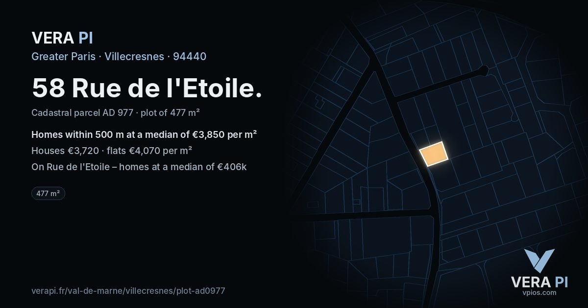 58 Rue de l'Etoile, Villecresnes at night – the plot lit, the parcels around coloured by the prices near them
