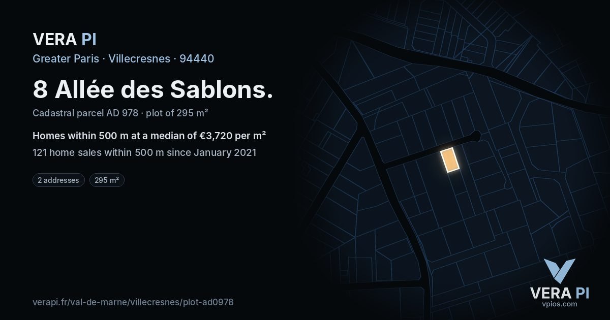 8 Allée des Sablons, Villecresnes at night – the plot lit, the parcels around coloured by the prices near them
