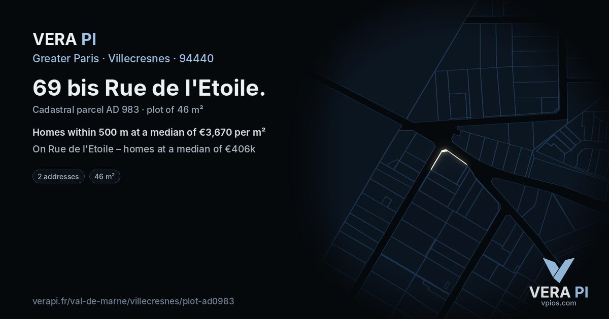 69 bis Rue de l'Etoile, Villecresnes at night – the plot lit, the parcels around coloured by the prices near them