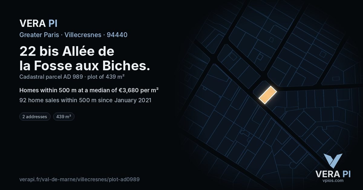 22 bis Allée de la Fosse aux Biches, Villecresnes at night – the plot lit, the parcels around coloured by the prices near them