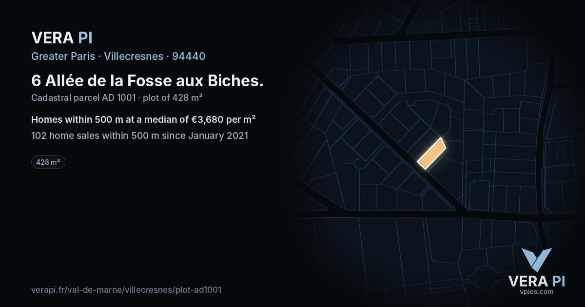 6 Allée de la Fosse aux Biches, Villecresnes at night – the plot lit, the parcels around coloured by the prices near them