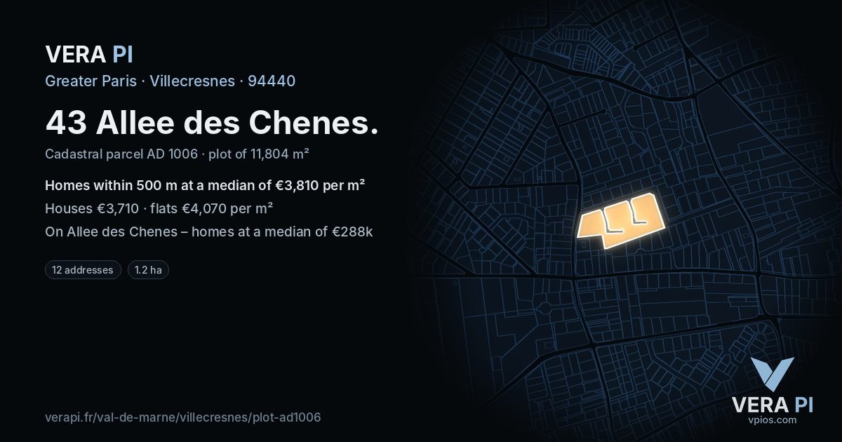 43 Allee des Chenes, Villecresnes at night – the plot lit, the parcels around coloured by the prices near them