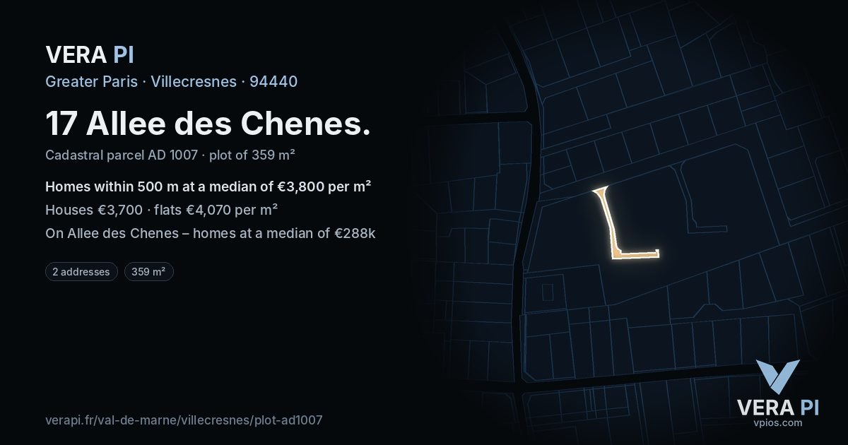 17 Allee des Chenes, Villecresnes at night – the plot lit, the parcels around coloured by the prices near them