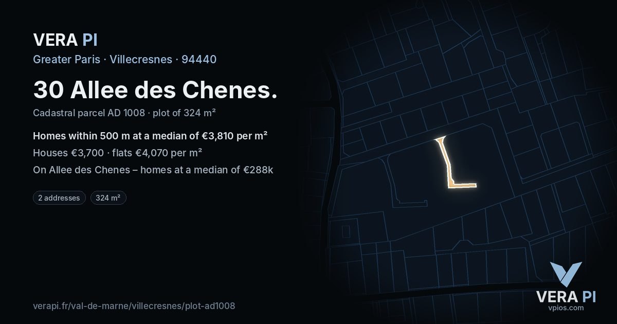 30 Allee des Chenes, Villecresnes at night – the plot lit, the parcels around coloured by the prices near them