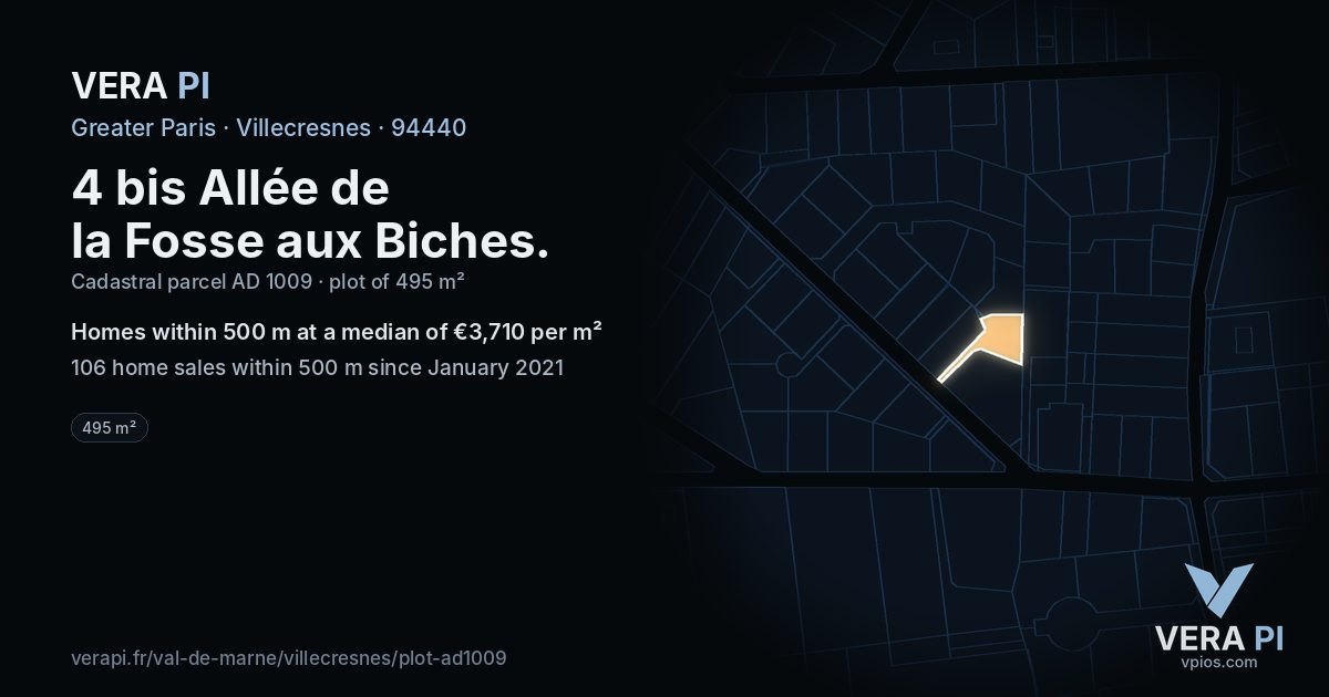 4 bis Allée de la Fosse aux Biches, Villecresnes at night – the plot lit, the parcels around coloured by the prices near them