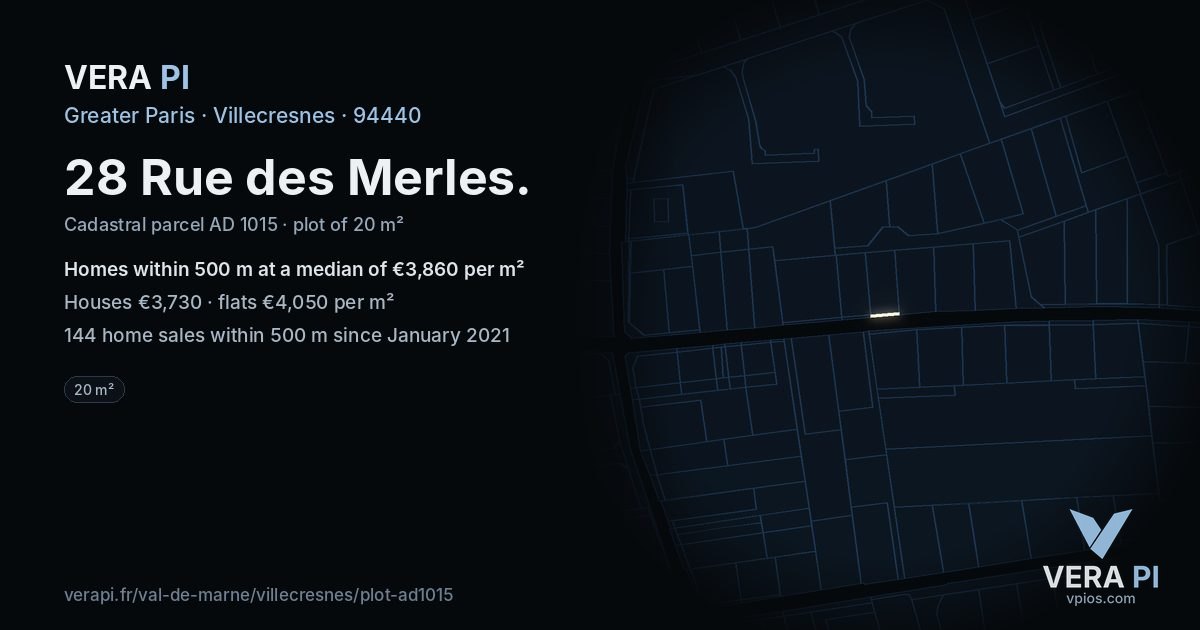 28 Rue des Merles, Villecresnes at night – the plot lit, the parcels around coloured by the prices near them