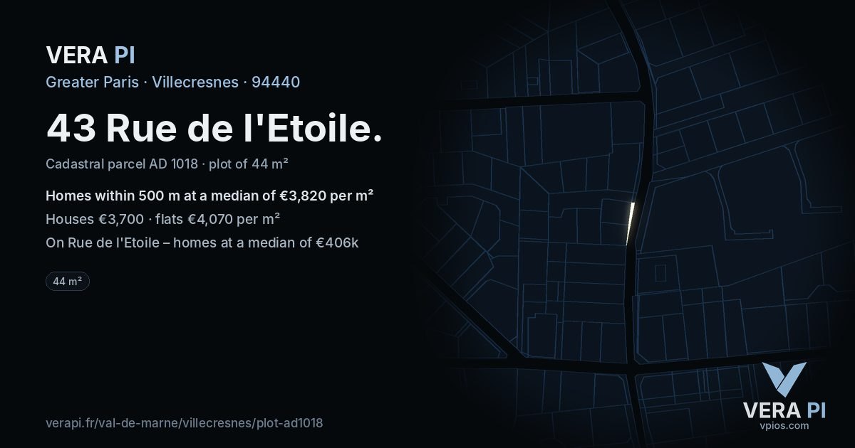 43 Rue de l'Etoile, Villecresnes at night – the plot lit, the parcels around coloured by the prices near them