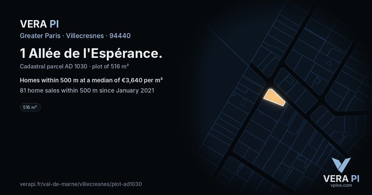 1 Allée de l'Espérance, Villecresnes at night – the plot lit, the parcels around coloured by the prices near them