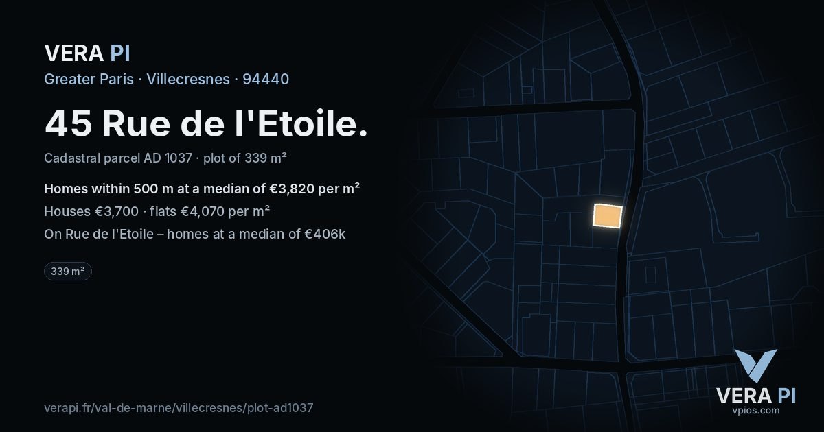 45 Rue de l'Etoile, Villecresnes at night – the plot lit, the parcels around coloured by the prices near them