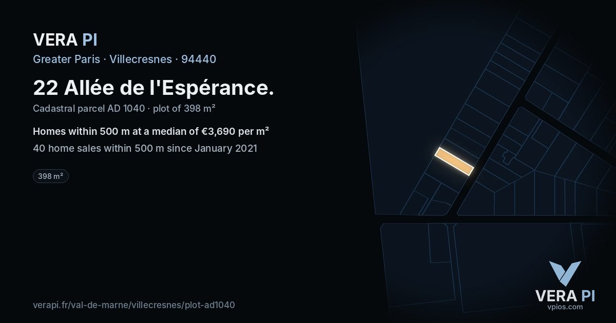22 Allée de l'Espérance, Villecresnes at night – the plot lit, the parcels around coloured by the prices near them