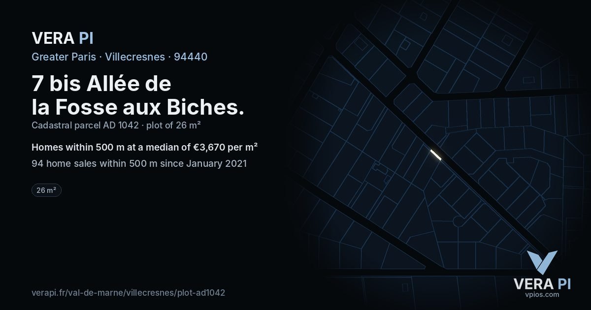 7 bis Allée de la Fosse aux Biches, Villecresnes at night – the plot lit, the parcels around coloured by the prices near them