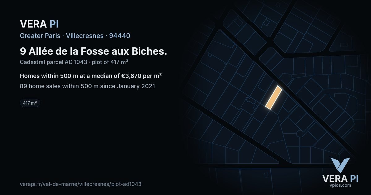 9 Allée de la Fosse aux Biches, Villecresnes at night – the plot lit, the parcels around coloured by the prices near them