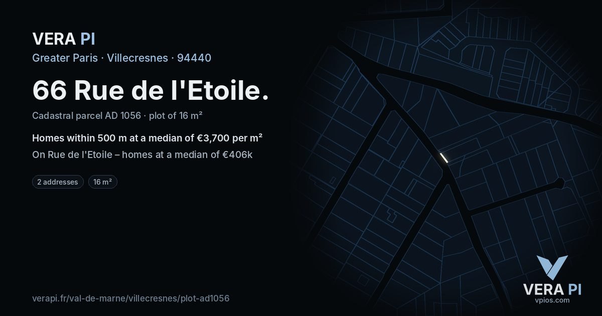 66 Rue de l'Etoile, Villecresnes at night – the plot lit, the parcels around coloured by the prices near them