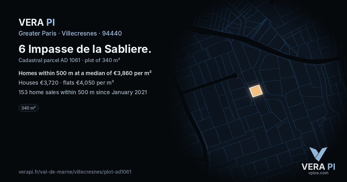 6 Impasse de la Sabliere, Villecresnes at night – the plot lit, the parcels around coloured by the prices near them