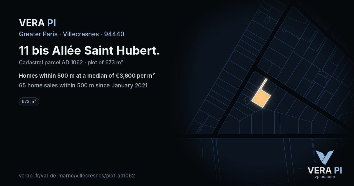 11 bis Allée Saint Hubert, Villecresnes at night – the plot lit, the parcels around coloured by the prices near them
