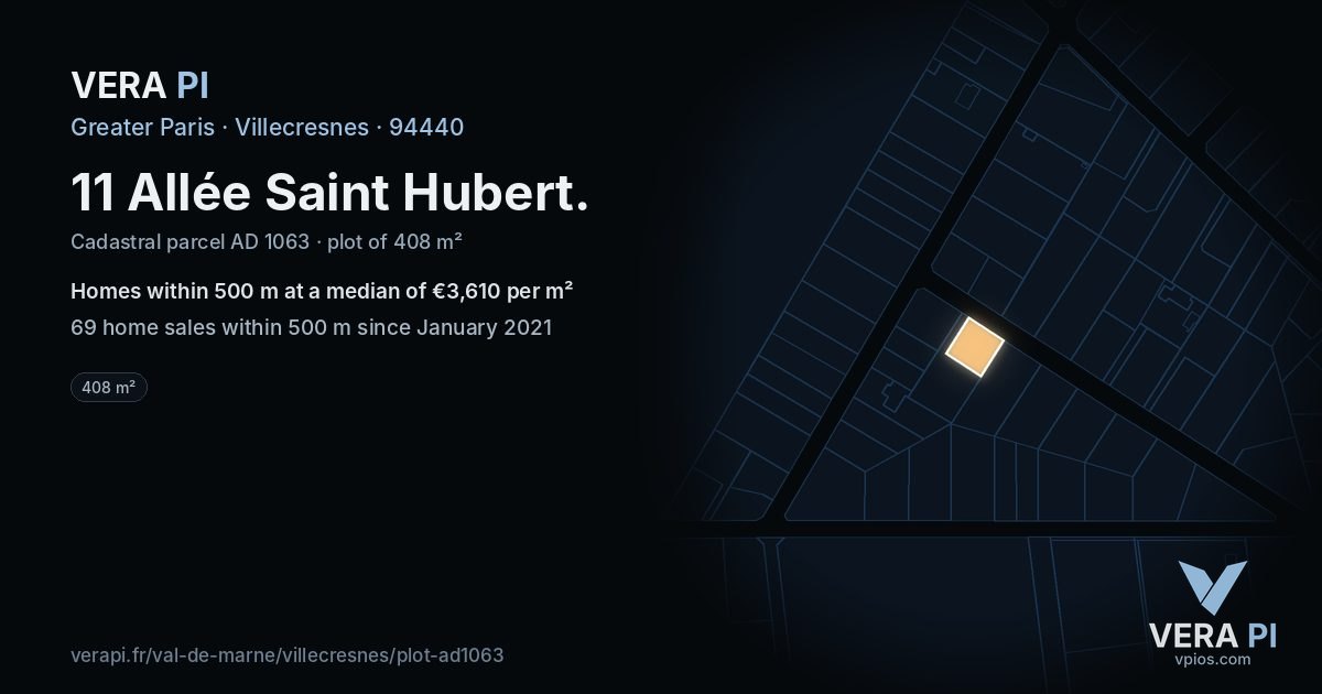 11 Allée Saint Hubert, Villecresnes at night – the plot lit, the parcels around coloured by the prices near them