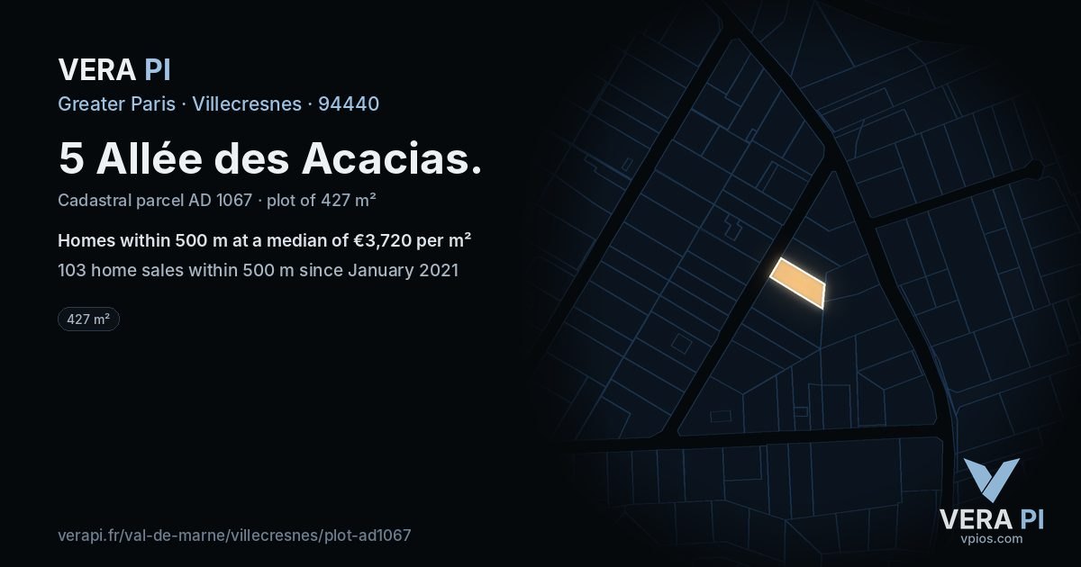 5 Allée des Acacias, Villecresnes at night – the plot lit, the parcels around coloured by the prices near them