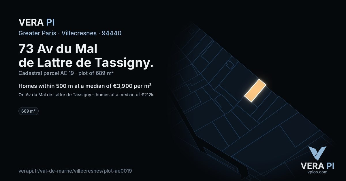 73 Av du Mal de Lattre de Tassigny, Villecresnes at night – the plot lit, the parcels around coloured by the prices near them