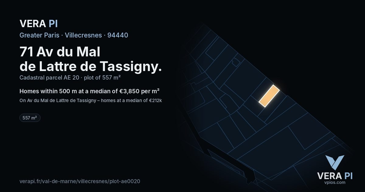 71 Av du Mal de Lattre de Tassigny, Villecresnes at night – the plot lit, the parcels around coloured by the prices near them