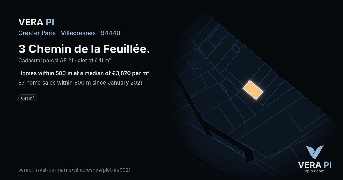 3 Chemin de la Feuillée, Villecresnes at night – the plot lit, the parcels around coloured by the prices near them