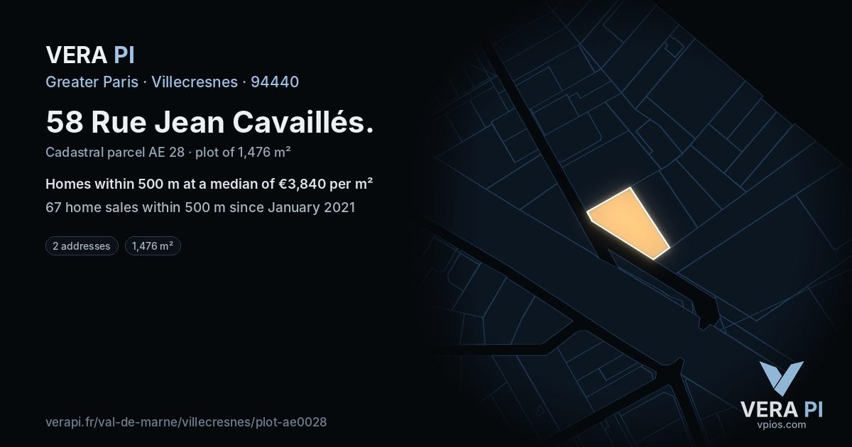 58 Rue Jean Cavaillés, Villecresnes at night – the plot lit, the parcels around coloured by the prices near them