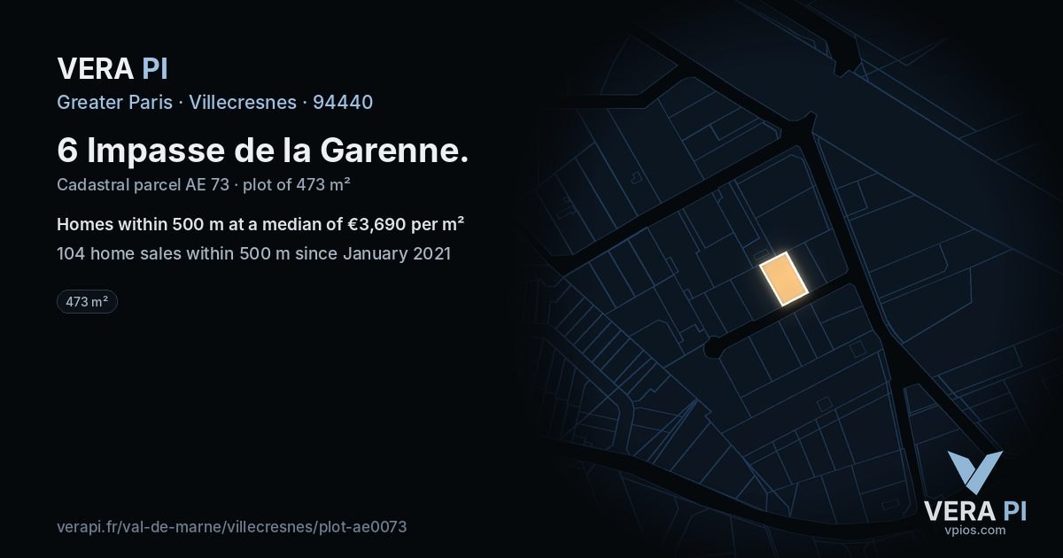6 Impasse de la Garenne, Villecresnes at night – the plot lit, the parcels around coloured by the prices near them
