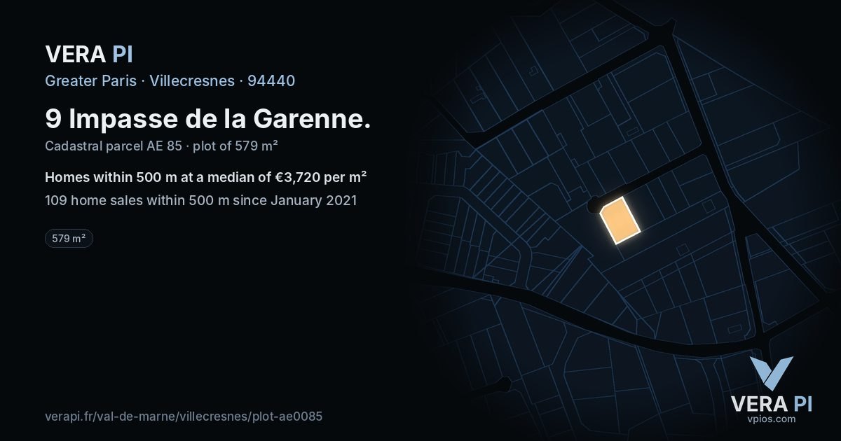 9 Impasse de la Garenne, Villecresnes at night – the plot lit, the parcels around coloured by the prices near them