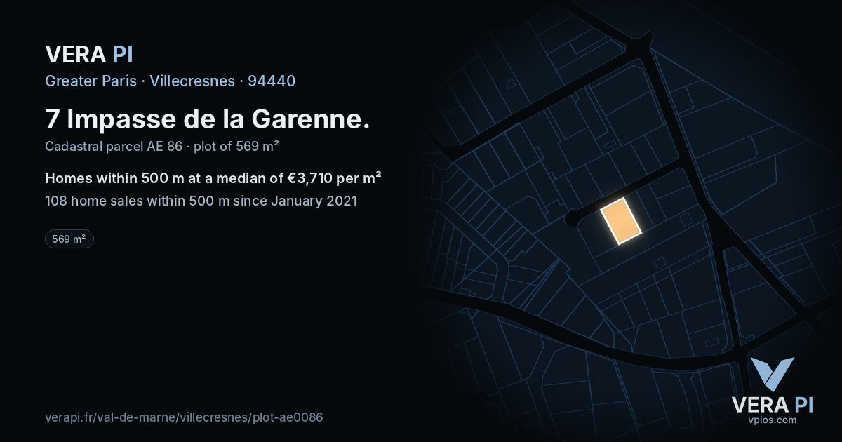 7 Impasse de la Garenne, Villecresnes at night – the plot lit, the parcels around coloured by the prices near them