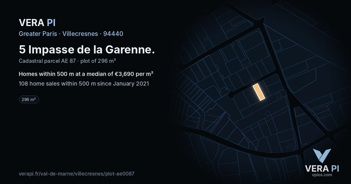 5 Impasse de la Garenne, Villecresnes at night – the plot lit, the parcels around coloured by the prices near them
